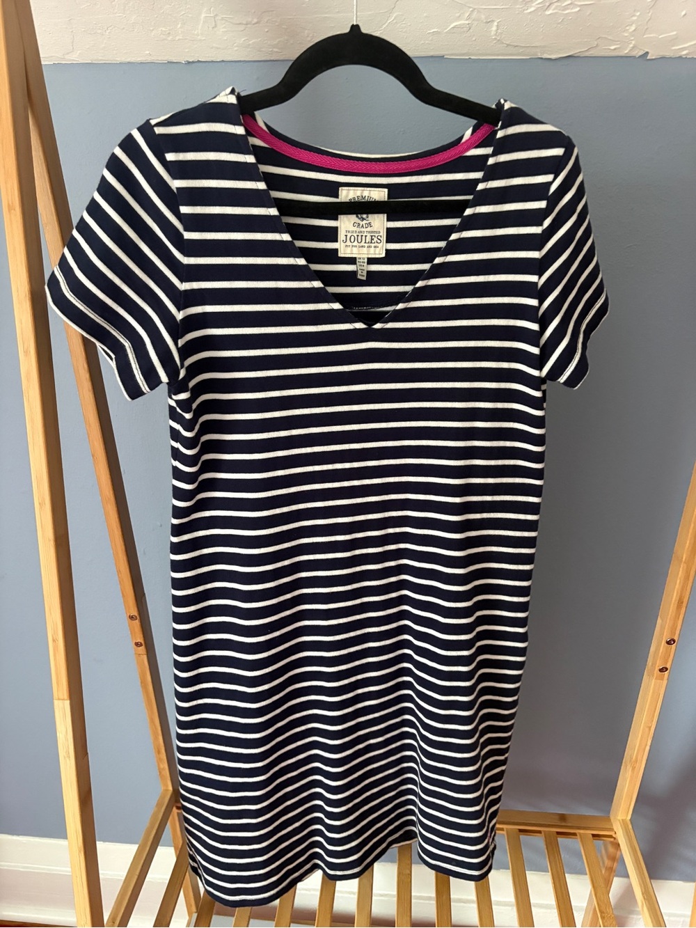 Joules Navy and White Striped V-Neck Top with Pink Trim